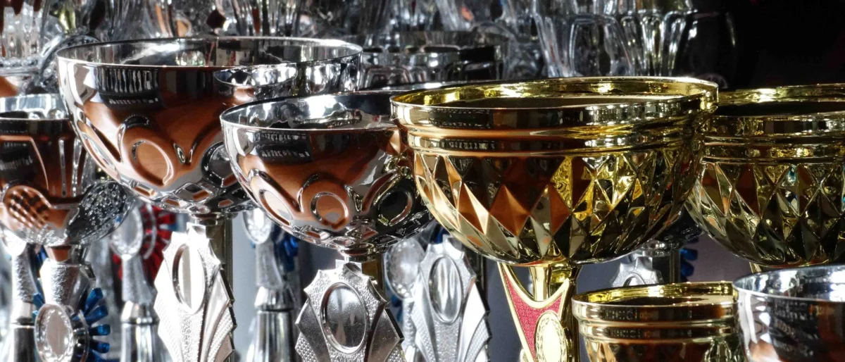 Bekers in goud en zilver op een rij in de winkel van Van Zanden